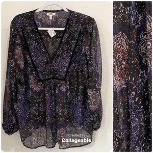 Maurices Dark Semi Sheer Whimsigoth Blouse Western Feminine Puff Sleeve Boho